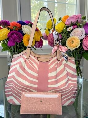 3 pieces Pink Zebra-Print Tote Bag with Matching Wallet and scarf